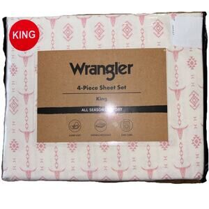 Wrangler Steer Head Stripe Pink KING Sheet Set Western Themed Longhorn Skulls